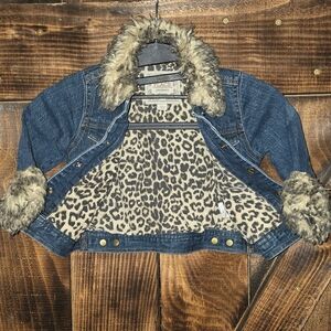 The Children’s Place Early 2000s Denim Jacket w/ Faux Fur Collar – Leopard Lined